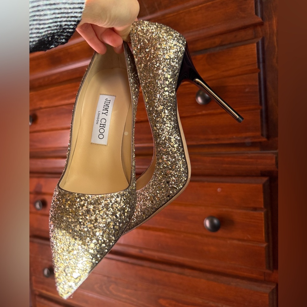 Jimmy Choo Classic Sparkling Glitter Gold Abel Heels - Picture 9 of 12